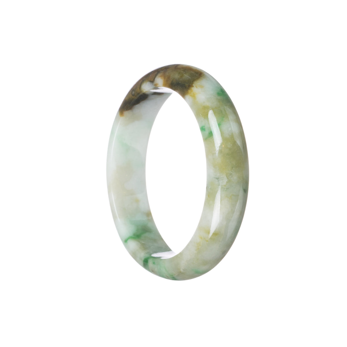 Authentic Type A Green, white with brown pattern Jade Bangle Bracelet - 55mm Half Moon