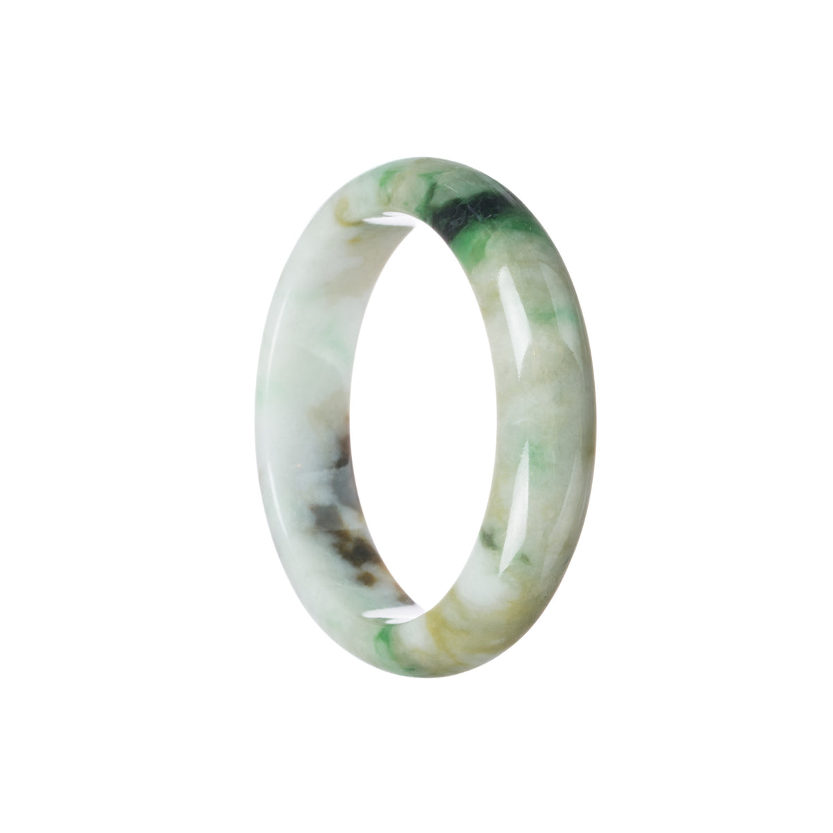 Authentic Type A Green, white with brown pattern Jade Bangle Bracelet - 55mm Half Moon