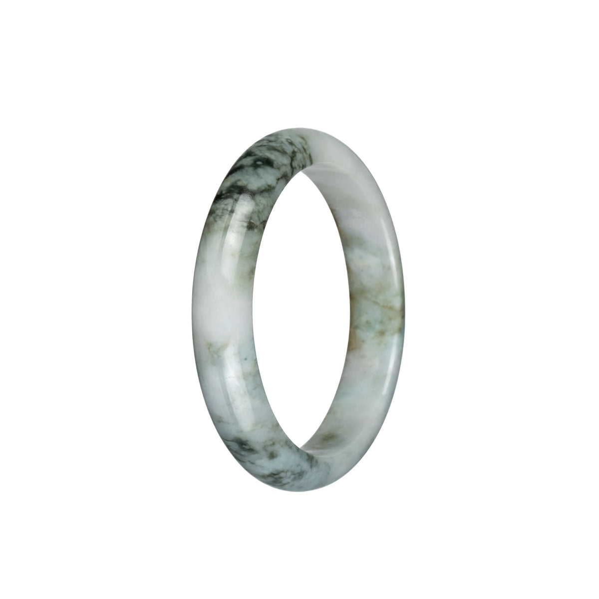 Real Grade A White and Green Pattern Jadeite Bangle Bracelet - 53mm Half Moon