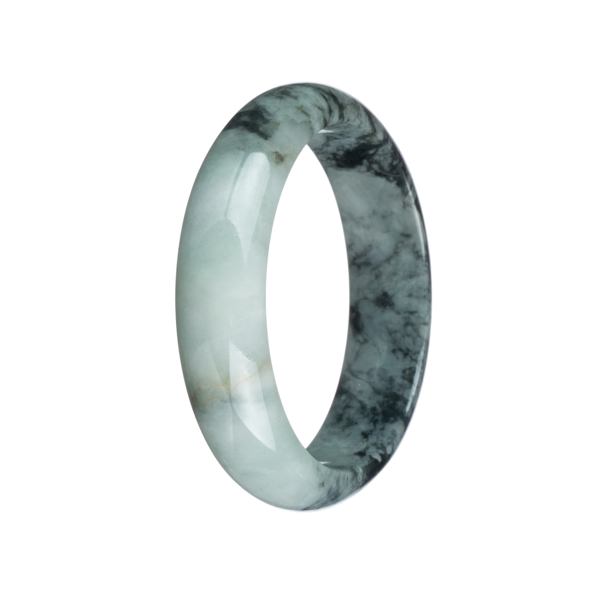 Certified Grade A Pale Green with Dark Green Pattern Jade Bangle Bracelet - 54mm Half Moon