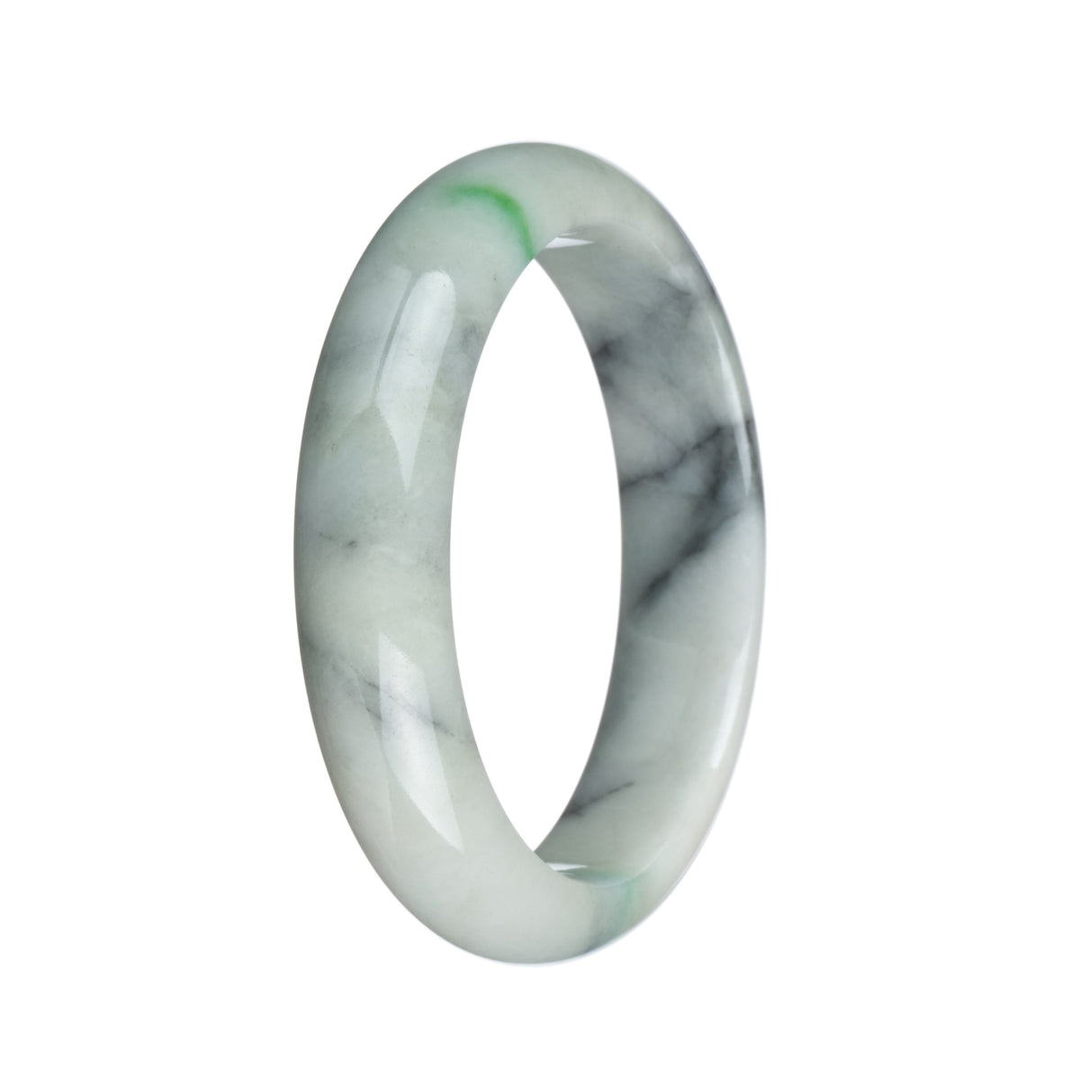 Authentic Untreated White with Black and Apple Green Patterns Jadeite Jade Bracelet - 57mm Half Moon