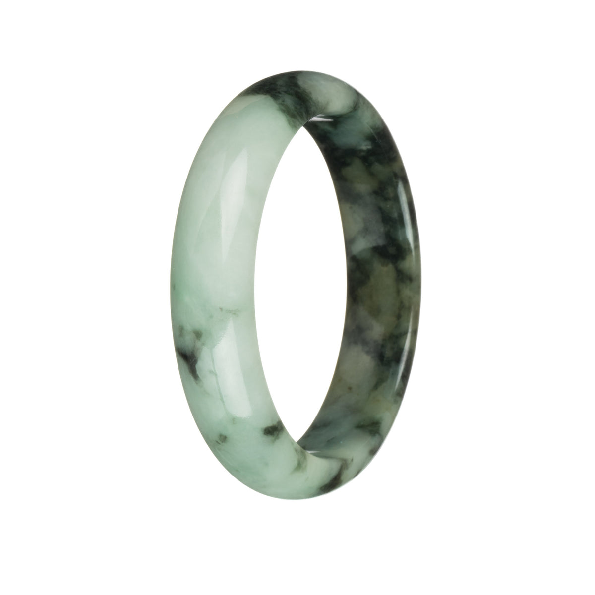 Real Grade A Light Green with Dark Green and Olive Green Patterns Traditional Jade Bangle - 54mm Half Moon