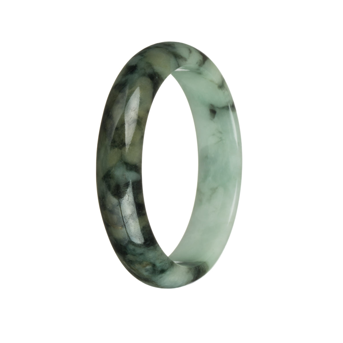 Real Grade A Light Green with Dark Green and Olive Green Patterns Traditional Jade Bangle - 54mm Half Moon