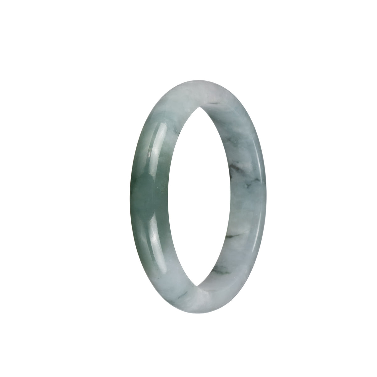 Genuine Grade A Translucent Pale Green with Green Patch and Dark Green Specks Burmese Jade Bangle Bracelet - 55mm Half Moon