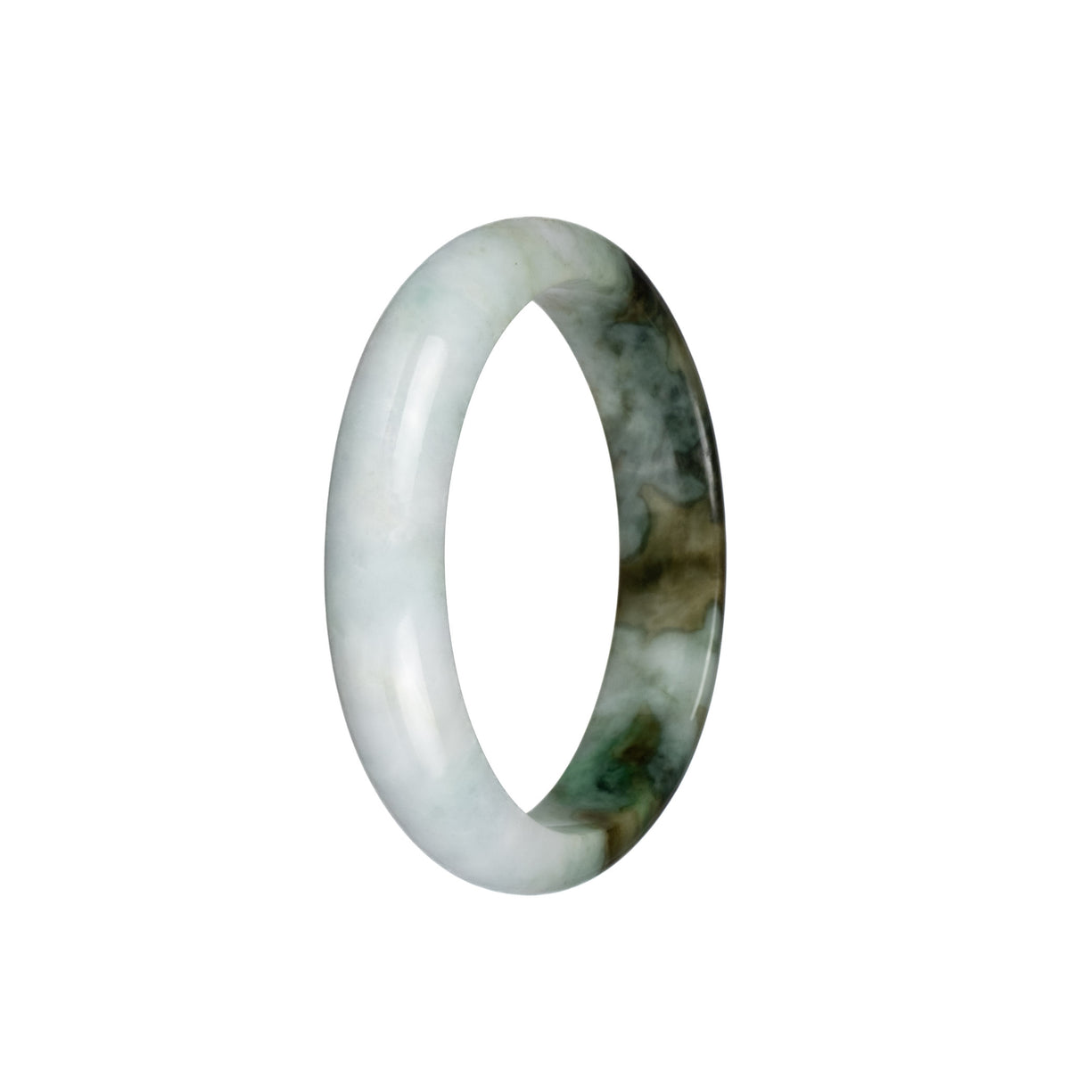 Certified Natural White with Brown Patterns Burmese Jade Bangle - 56mm Half Moon