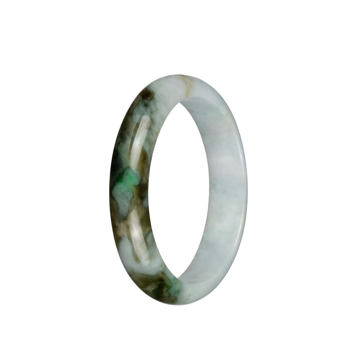 Certified Natural White with Brown Patterns Burmese Jade Bangle - 56mm Half Moon