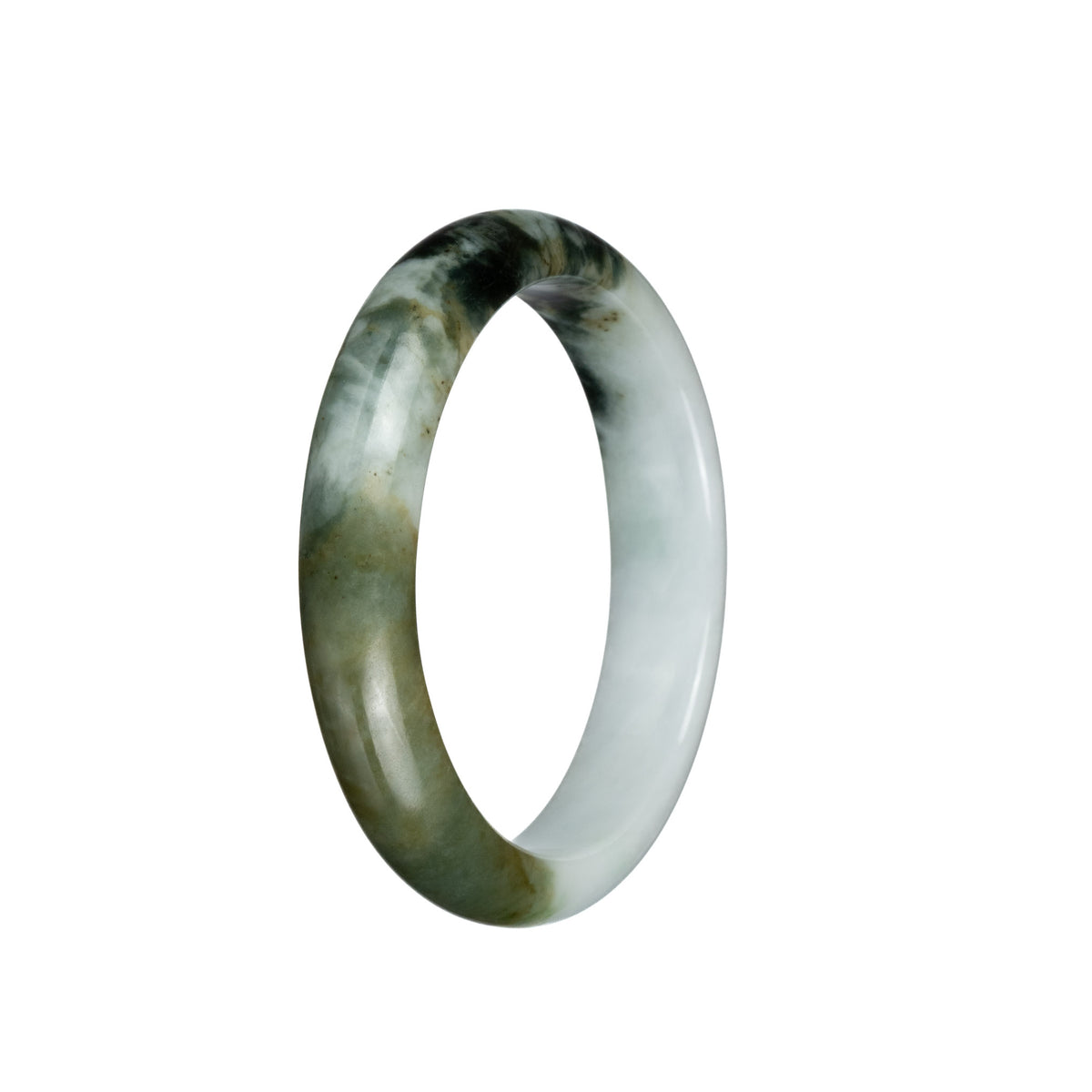 Authentic Type A Pale Green with Olive Green and Dark Green Patterns Jade Bangle - 57mm Half Moon