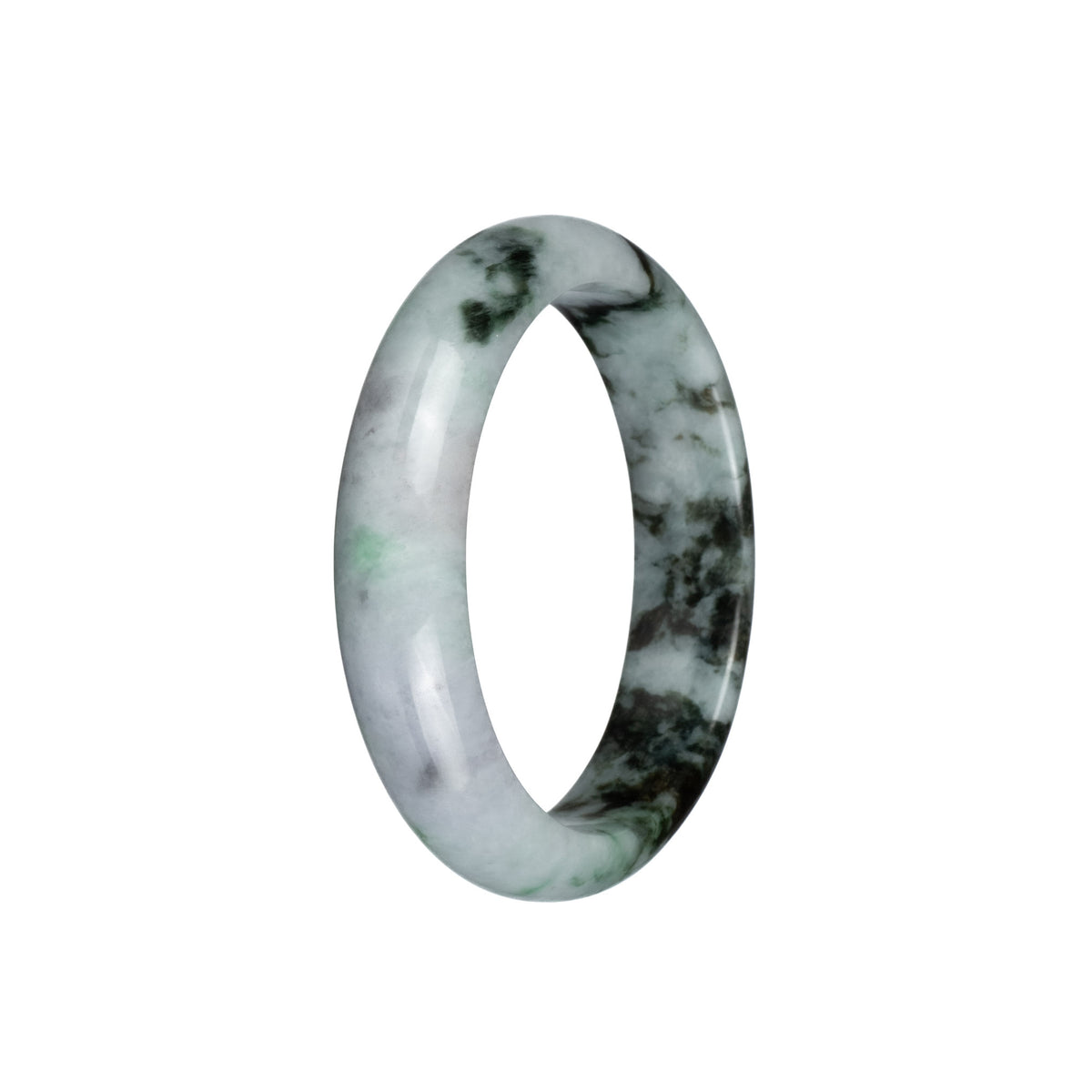 Real Natural White with Dark Green Patterns Jadeite Jade Bracelet - 54mm Half Moon