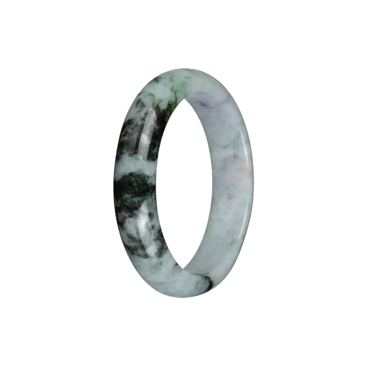 Real Natural White with Dark Green Patterns Jadeite Jade Bracelet - 54mm Half Moon