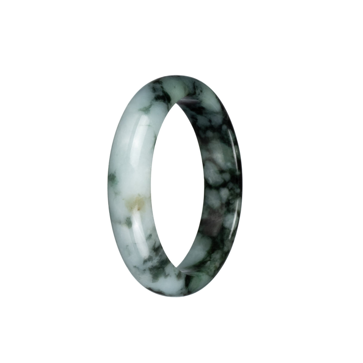 Certified Grade A Pale Green with Dark Green Patterns Burma Jade Bangle Bracelet - 53mm Half Moon