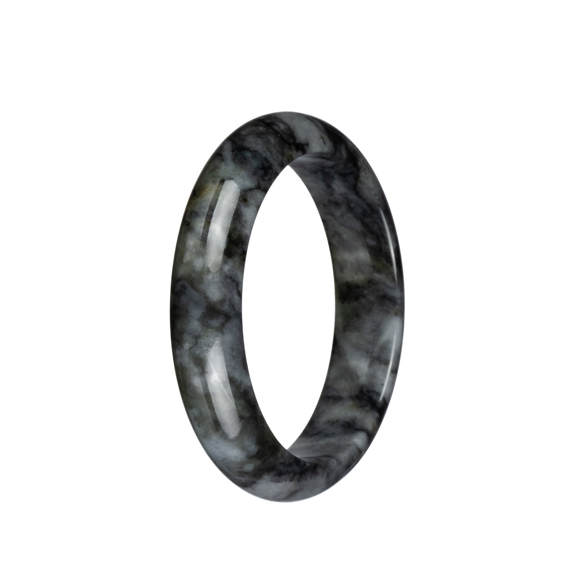 Genuine Grade A Black and Grey Pattern Burmese Jade Bangle - 57mm Half Moon