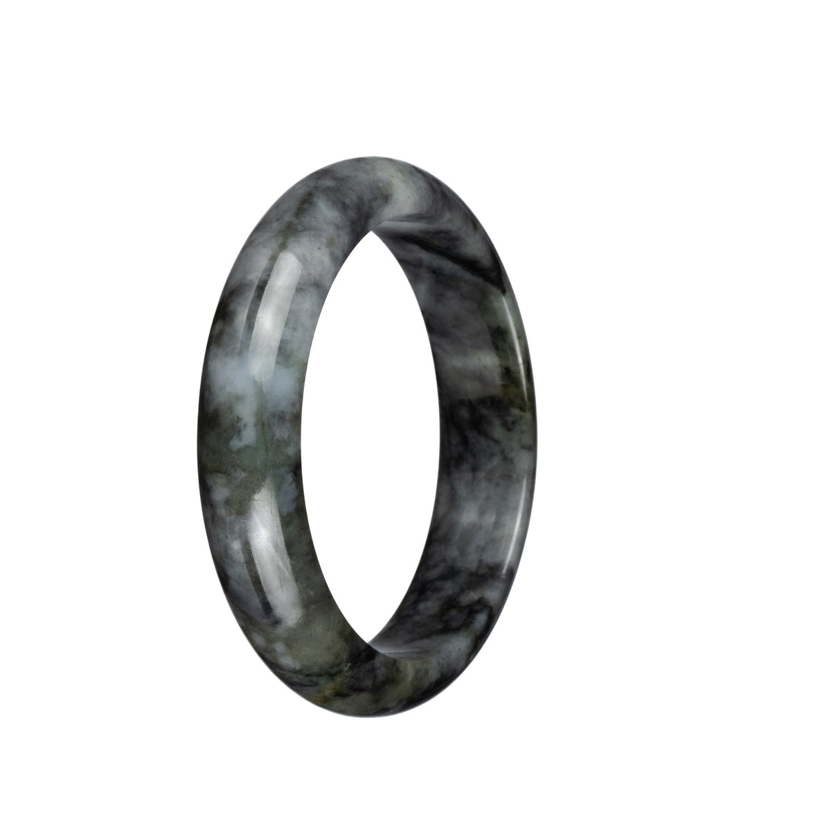 Genuine Grade A Black and Grey Pattern Burmese Jade Bangle - 57mm Half Moon