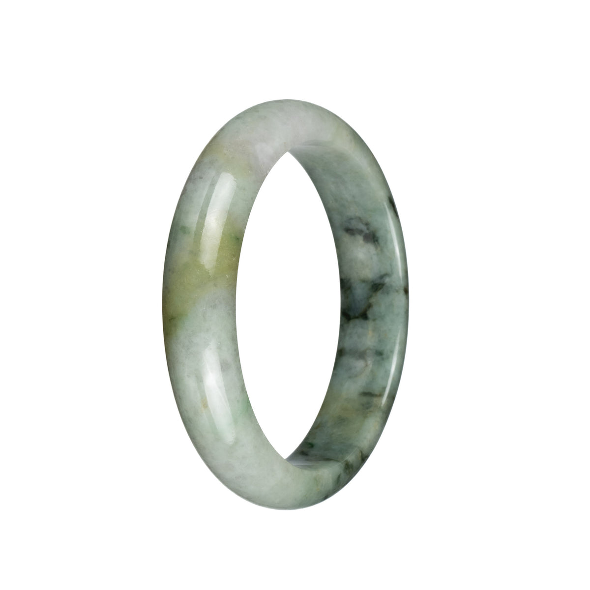 Genuine Grade A Pale Green with Dark Green Patterns and Light Yellow Patches Jadeite Jade Bracelet - 60mm Half Moon