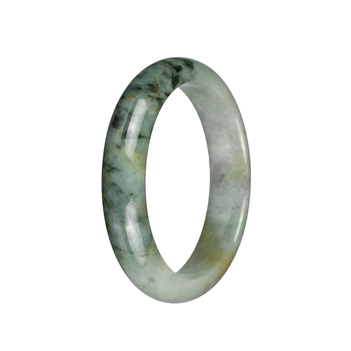 Genuine Grade A Pale Green with Dark Green Patterns and Light Yellow Patches Jadeite Jade Bracelet - 60mm Half Moon