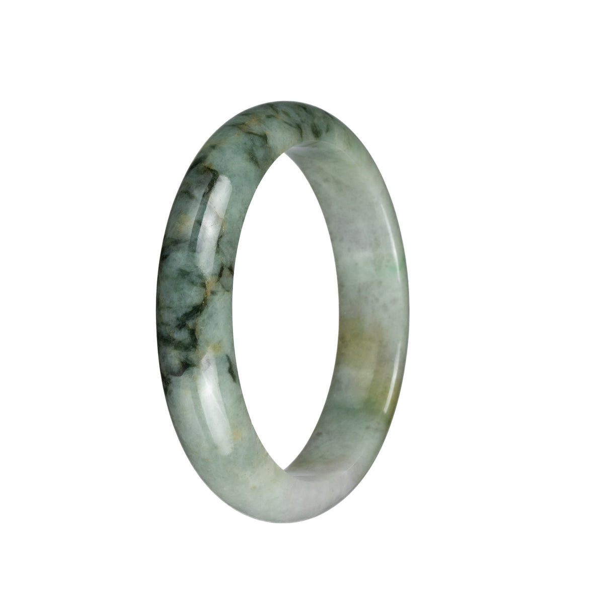 Genuine Grade A Pale Green with Dark Green Patterns and Light Yellow Patches Jadeite Jade Bracelet - 60mm Half Moon