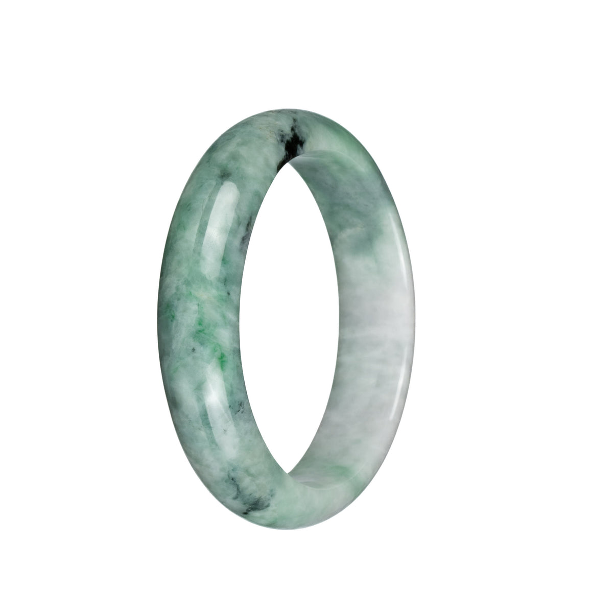 Certified Grade A White with Green and Black Patch Jadeite Jade Bracelet - 58mm Half Moon