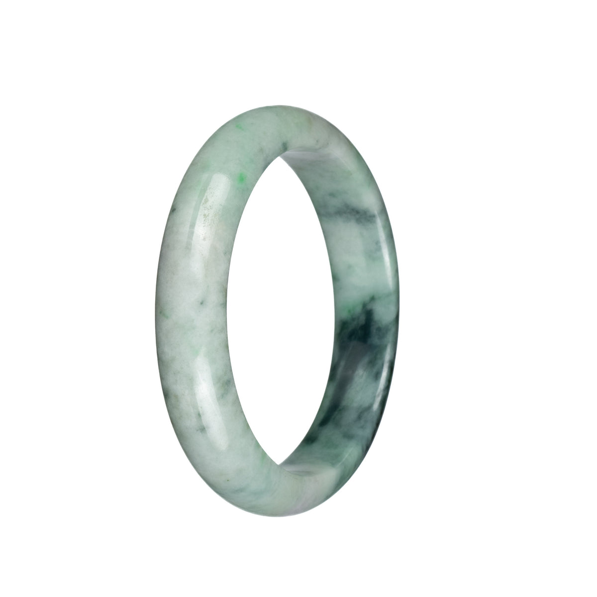 Genuine Grade A Light Green and Light Grey with Dark Green Patterns Traditional Jade Bangle - 59mm Half Moon