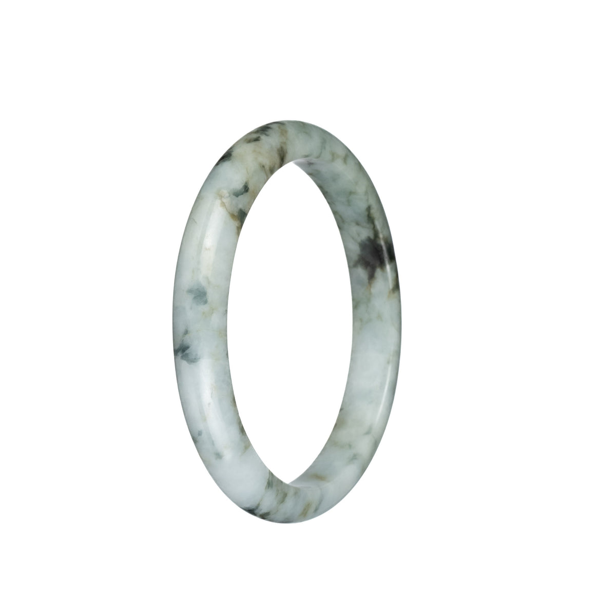 Genuine Type A Greyish White with Black and Olive Green Patterns Burma Jade Bangle - 58mm Semi Round