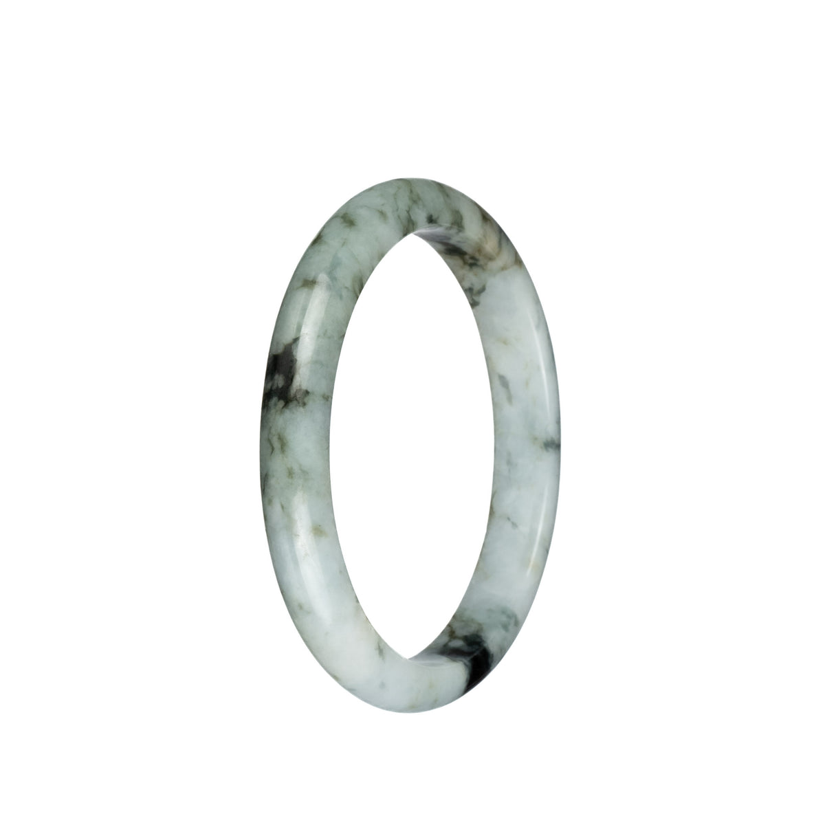 Genuine Type A Greyish White with Black and Olive Green Patterns Burma Jade Bangle - 58mm Semi Round