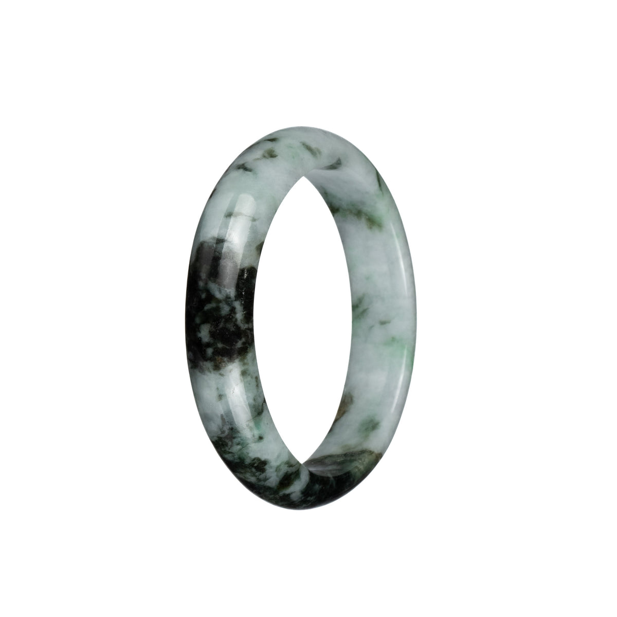 Certified Natural Greyish White with Dark Green and Apple Green Patterns Jade Bangle - 54mm Half Moon