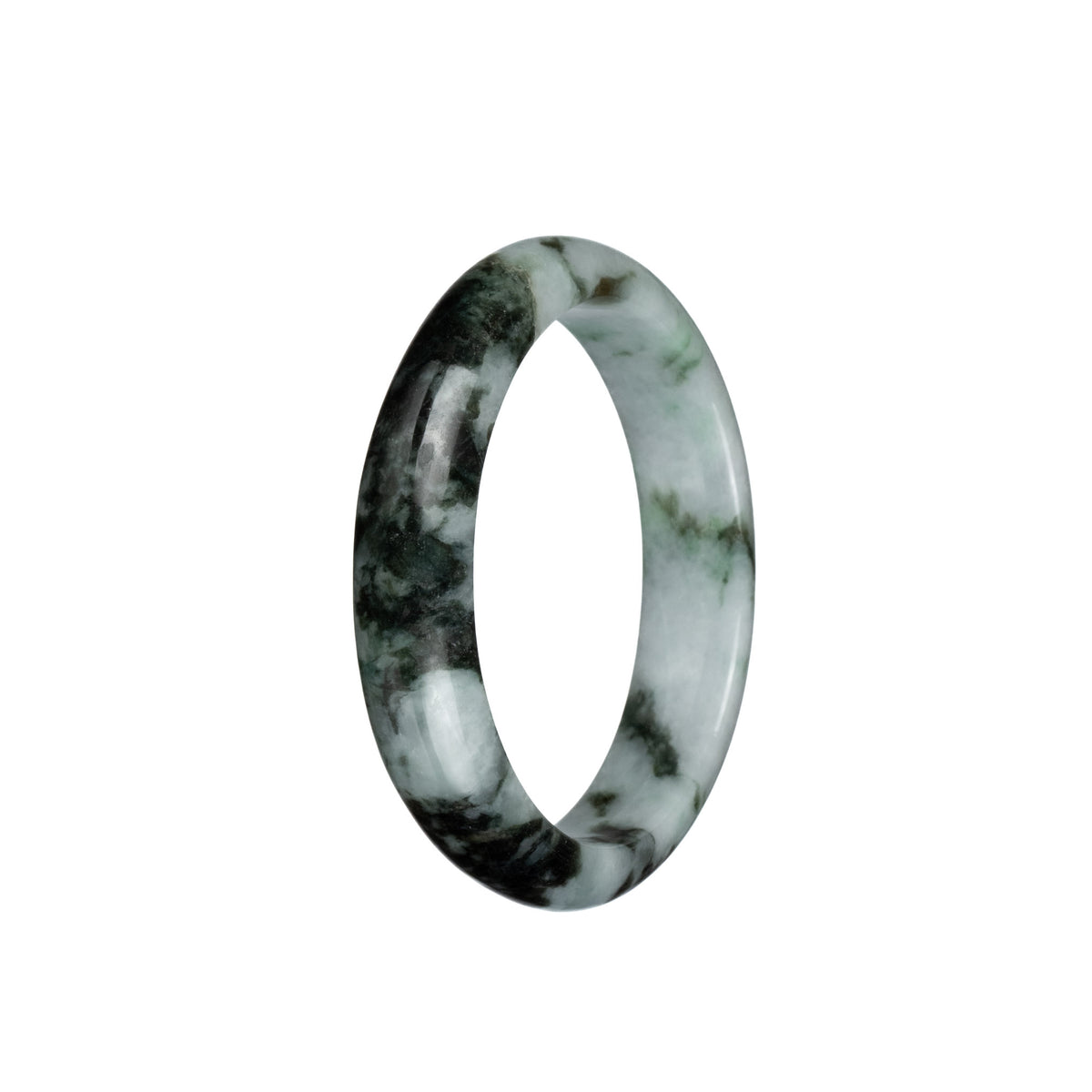 Certified Natural Greyish White with Dark Green and Apple Green Patterns Jade Bangle - 54mm Half Moon