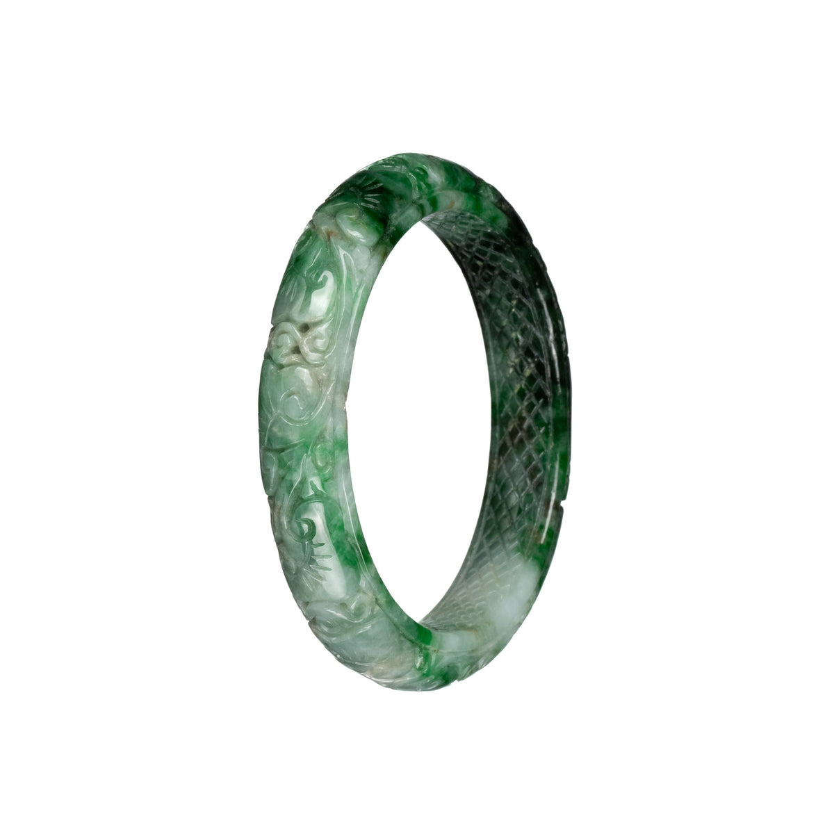 Genuine Grade A Deep Green and White with Apple Green Pattern Jade Bangle - 55mm Carved