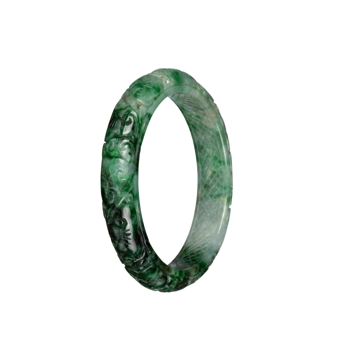 Genuine Grade A Deep Green and White with Apple Green Pattern Jade Bangle - 55mm Carved