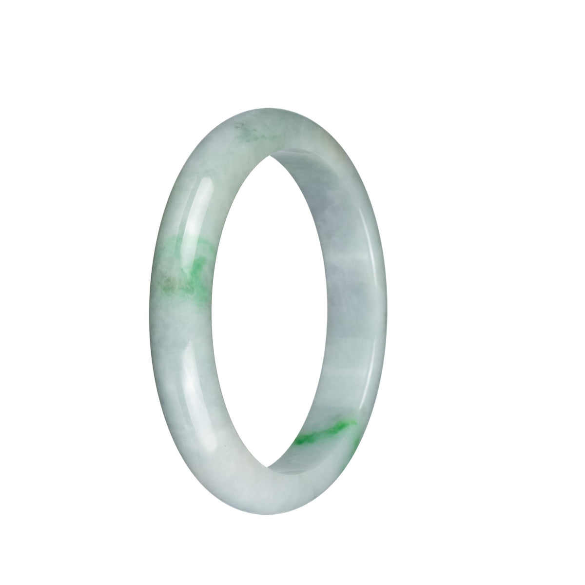 Authentic Untreated Pale Grey with Emerald Green Pattern Traditional Jade Bangle Bracelet - 60mm Half Moon