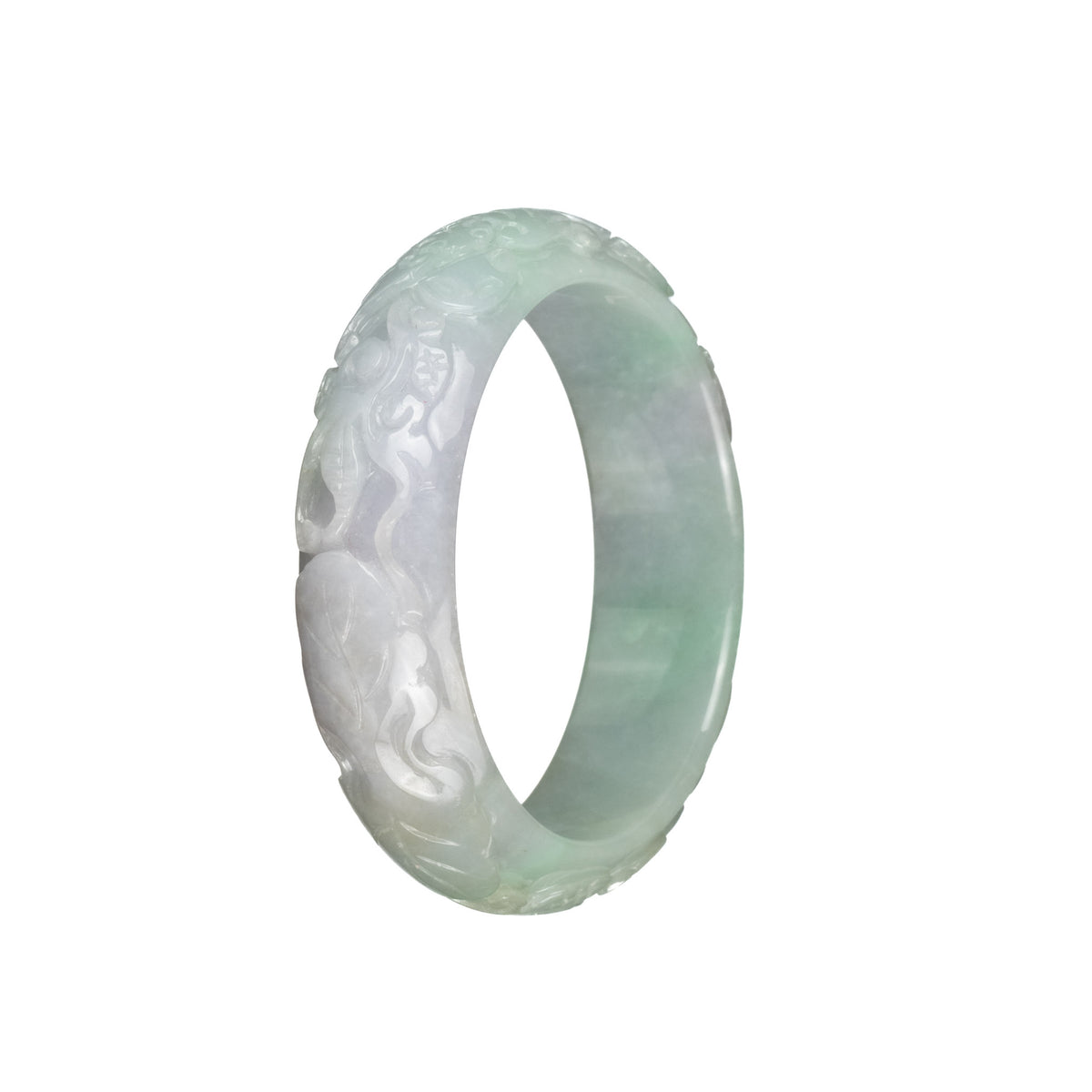 Certified Untreated Light Green with White Burma Jade Bracelet - 55mm Carved