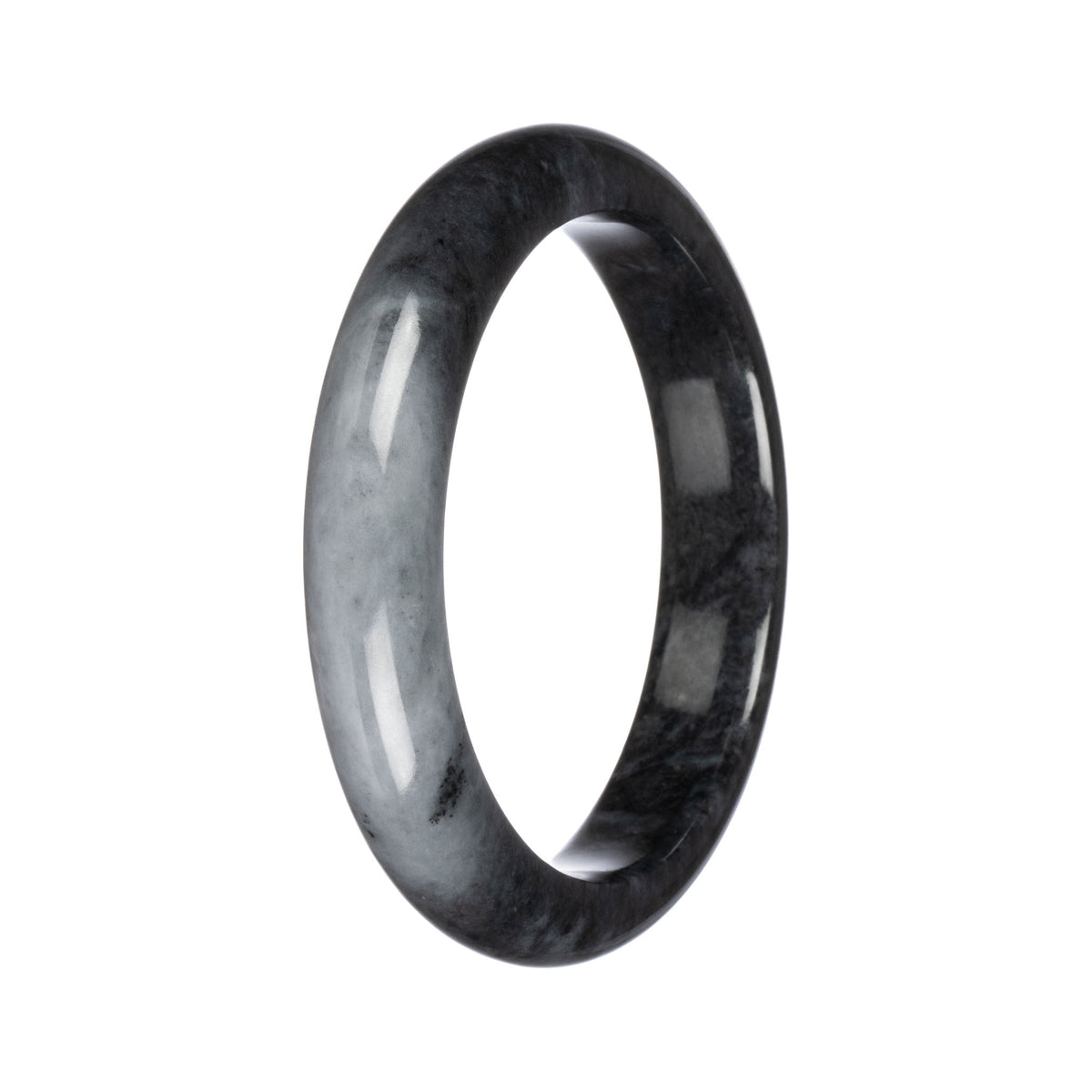 Grade A Black with Grey Patch Traditional Jade Bangle - 64mm Half Moon