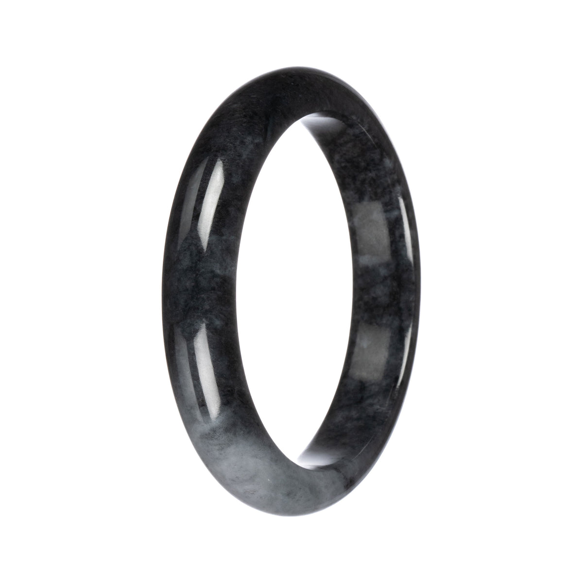 Grade A Black with Grey Patch Traditional Jade Bangle - 64mm Half Moon