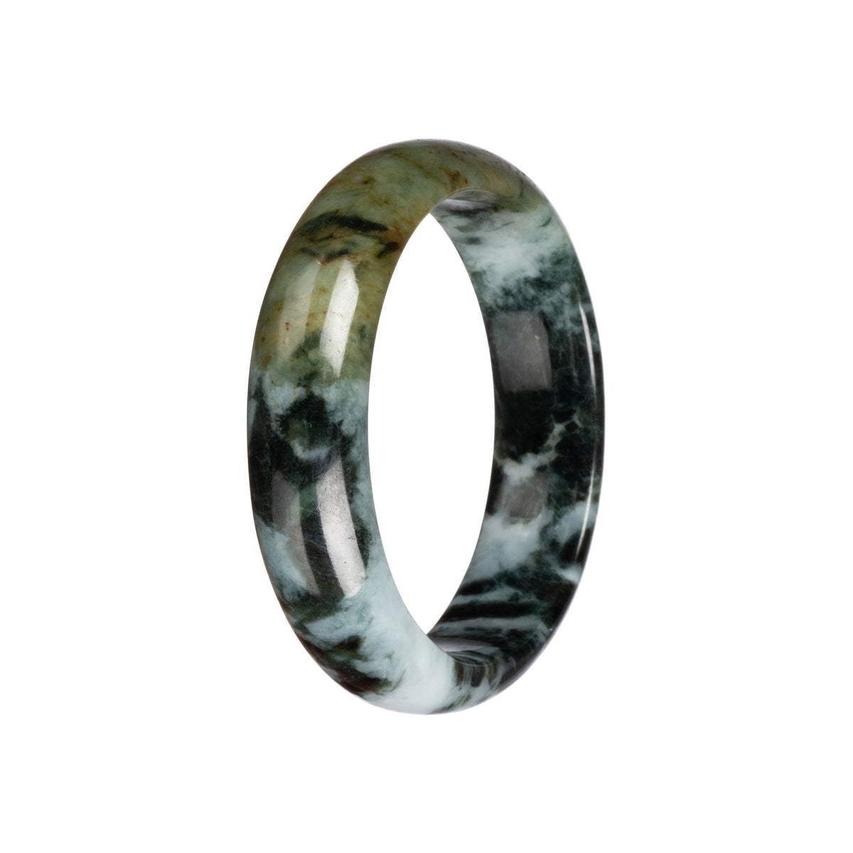 Genuine Pale Green and Black Pattern Burma Jade Bangle Bracelet - 58mm Half Moon