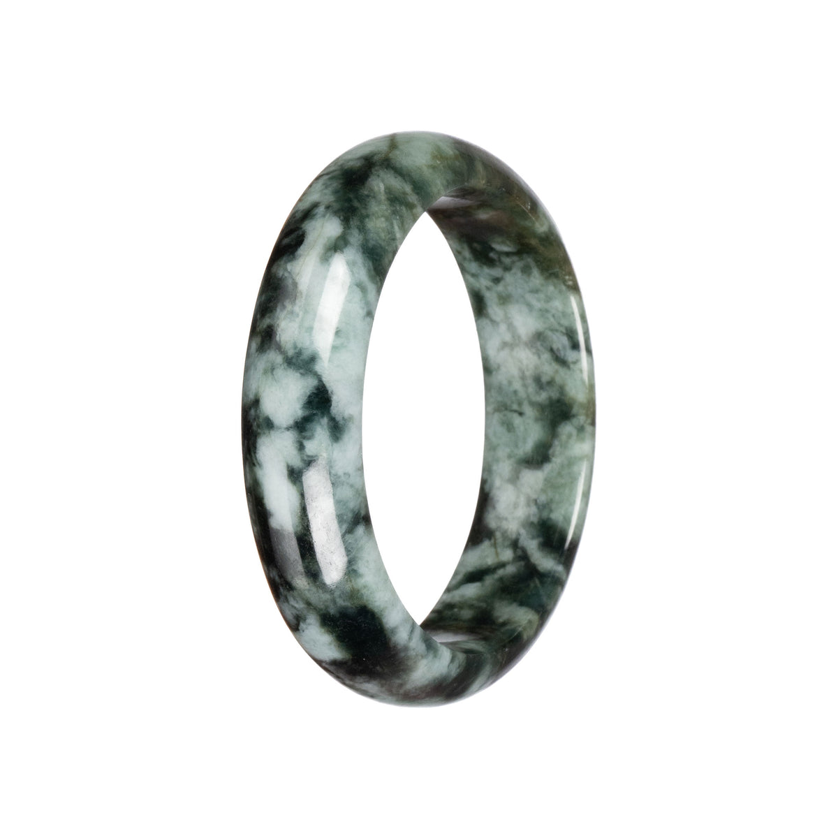 Real Grey with Dark Green Pattern Burma Jade Bangle - 58mm Half Moon