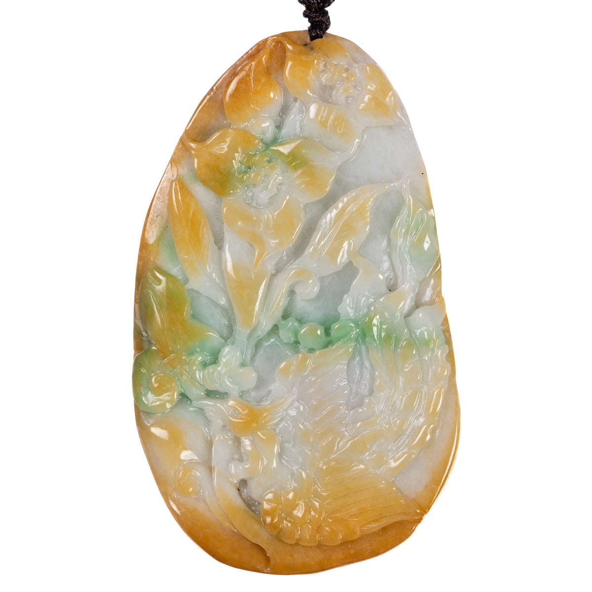 Phoenix and Flowers Jade Pendant - Handcrafted Burmese Jadeite