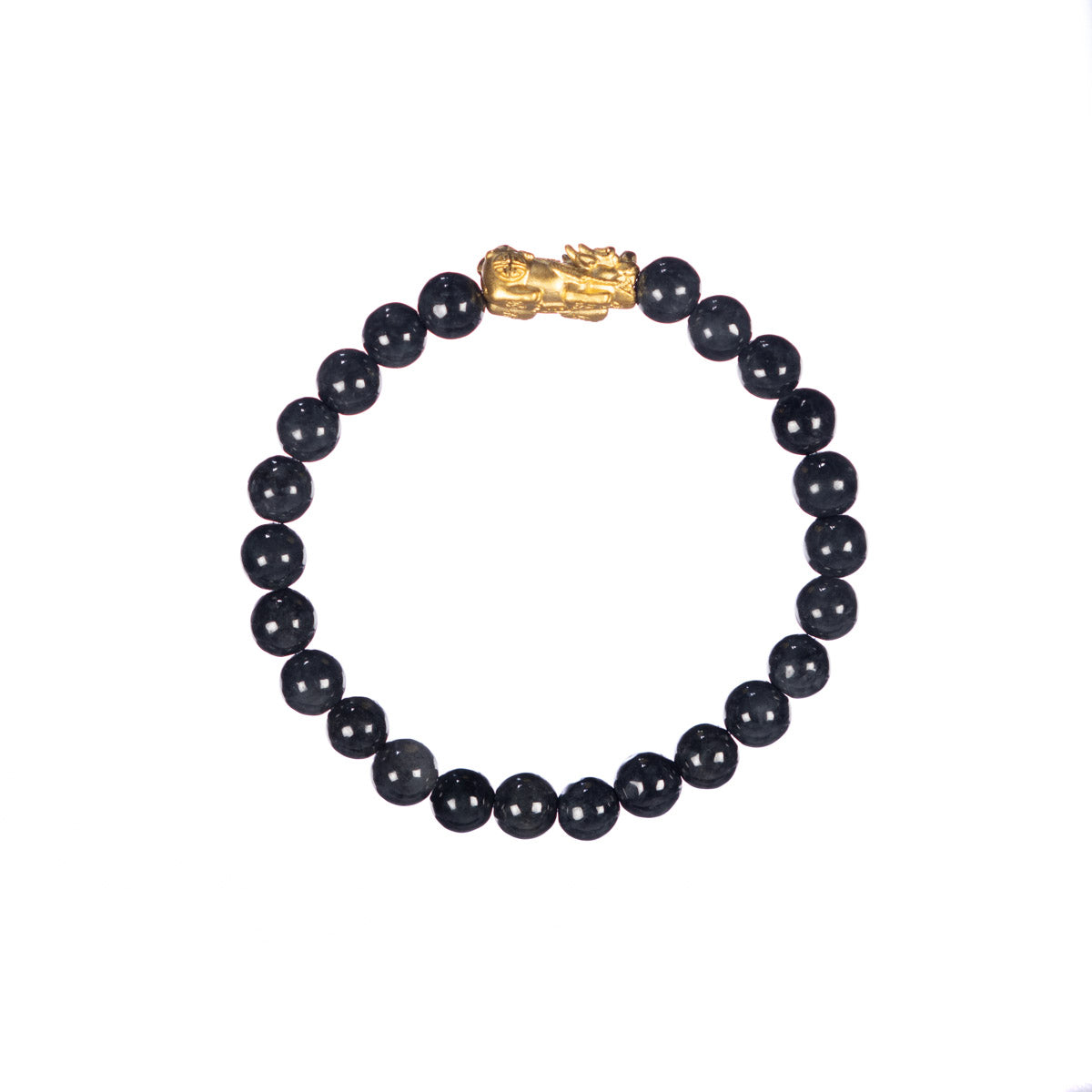 24K Gold Pixiu Jade Bracelet - 7mm Grey and Black Burmese Jadeite Beads