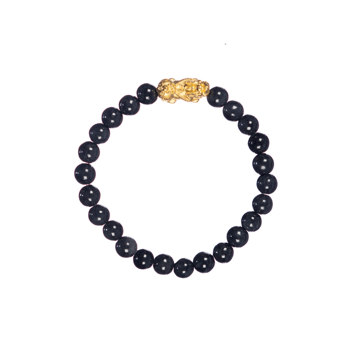 24K Gold Pixiu Jade Bracelet - 7mm Grey and Black Burmese Jadeite Beads