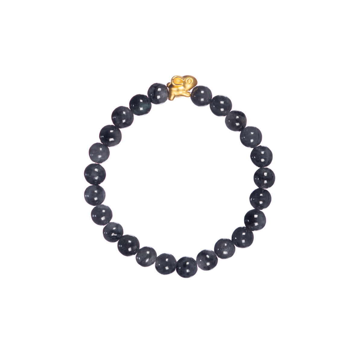 24k Gold Rabbit Jadeite Bead Bracelet - 7mm Black and Grey Beads