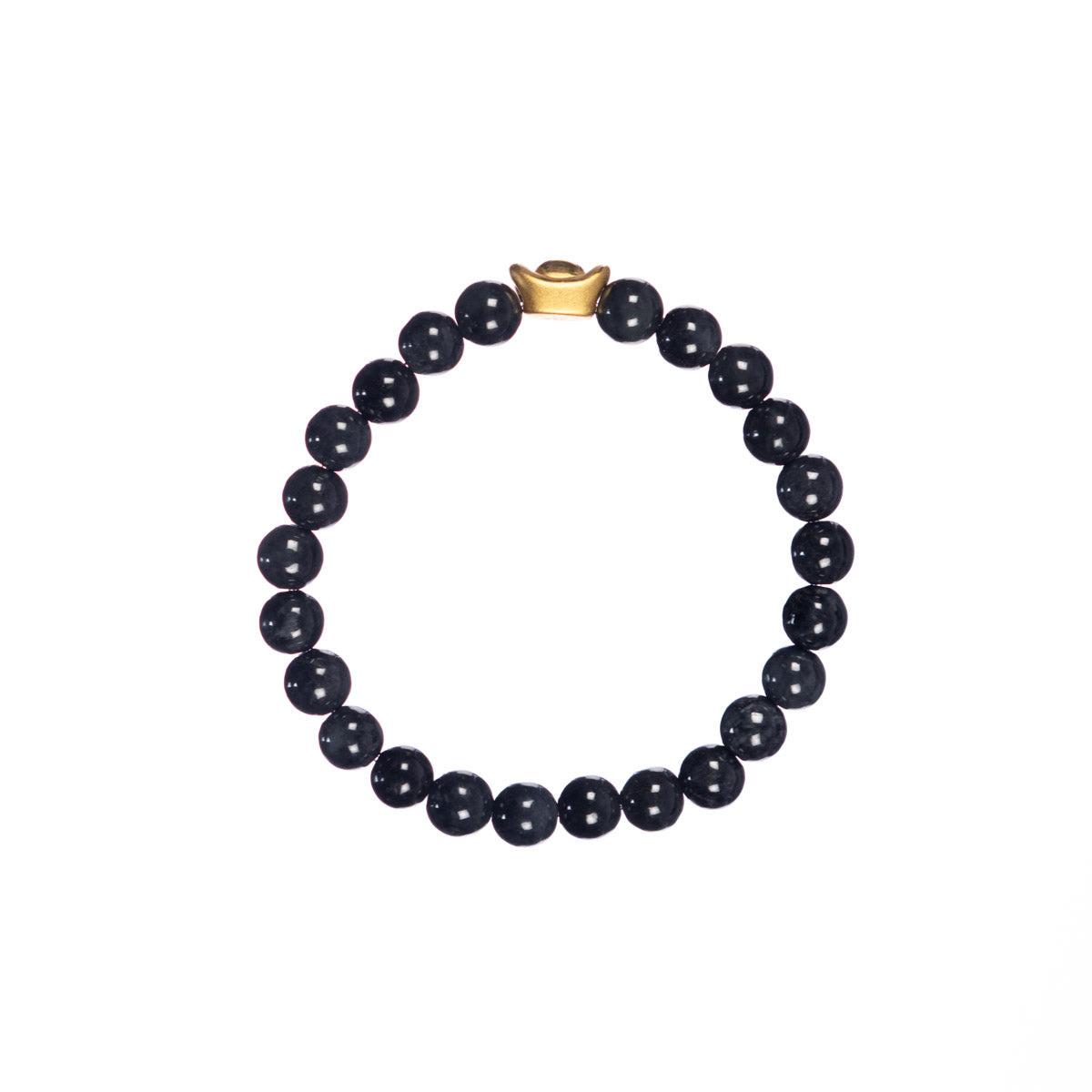 Small Grey and Black Jadeite Jade Bead Bracelet with 24k Gold Ingot - 7mm