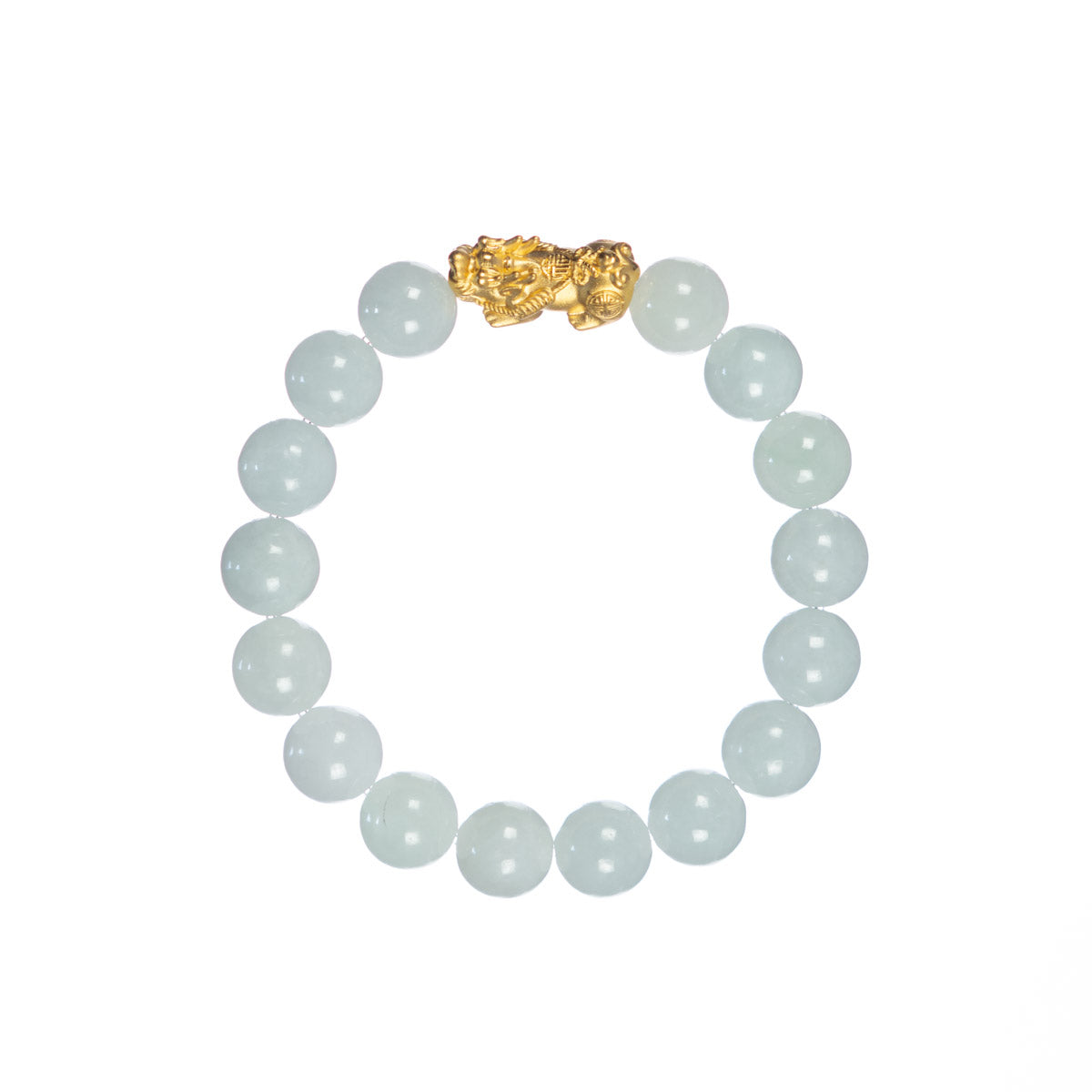 Pale Green Jadeite Jade Bead Bracelet with 24K Gold Pixiu - 10mm