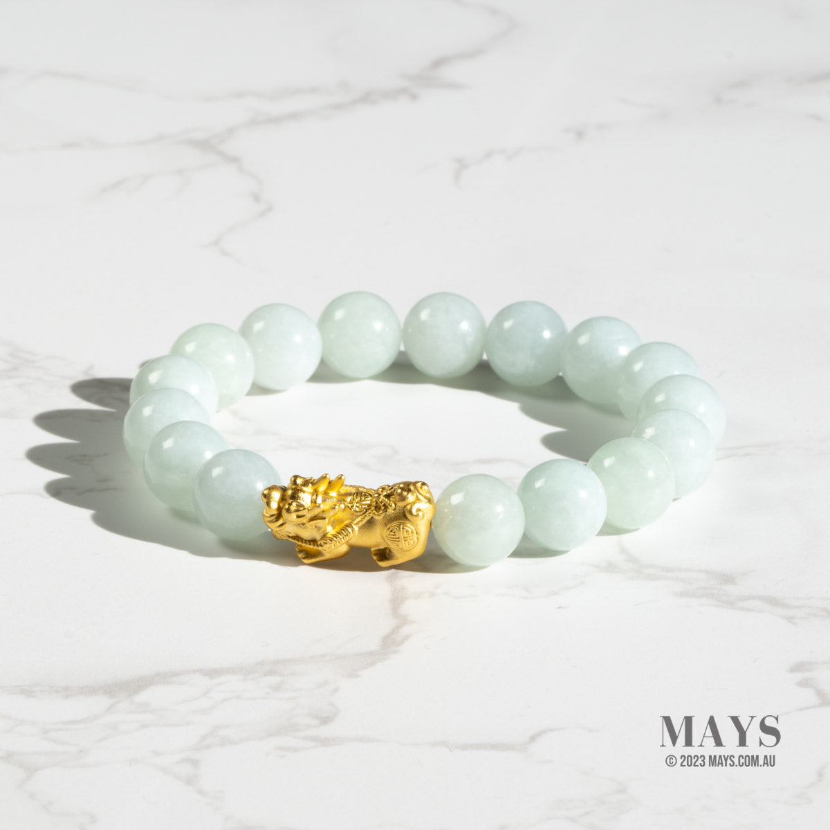 Pale Green Jadeite Jade Bead Bracelet with 24K Gold Pixiu - 10mm