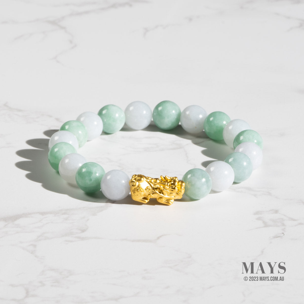 Light Green and White Jadeite Jade Bead Bracelet with 24K Gold Pixiu