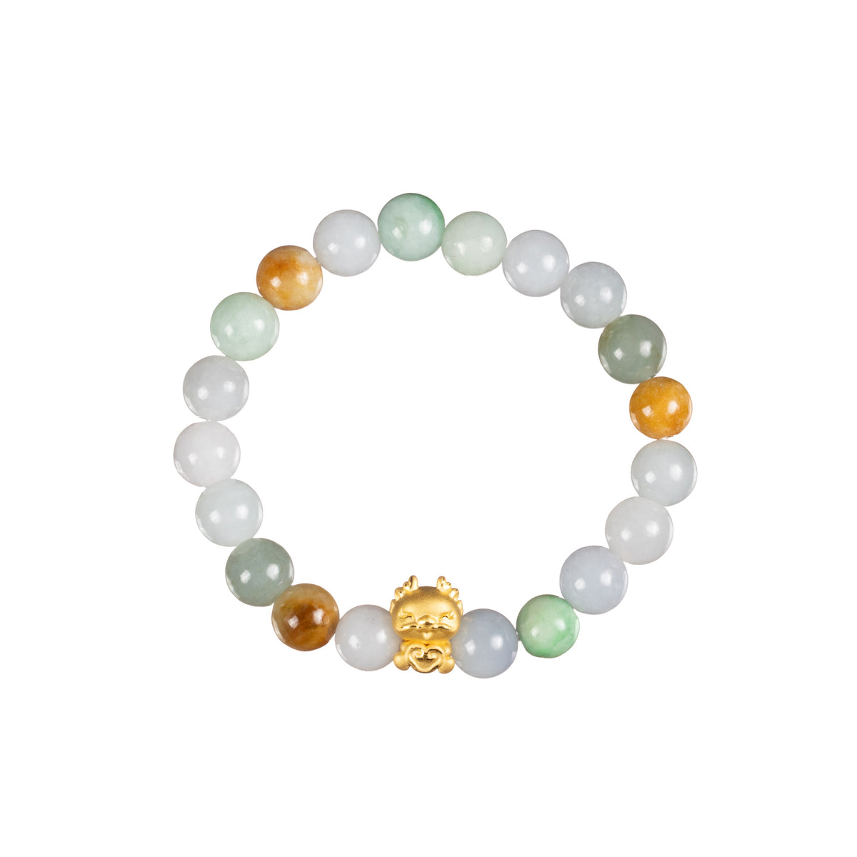 Small Multi Colour Jadeite Jade Bead Bracelet with 24K Gold Dragon - 8mm