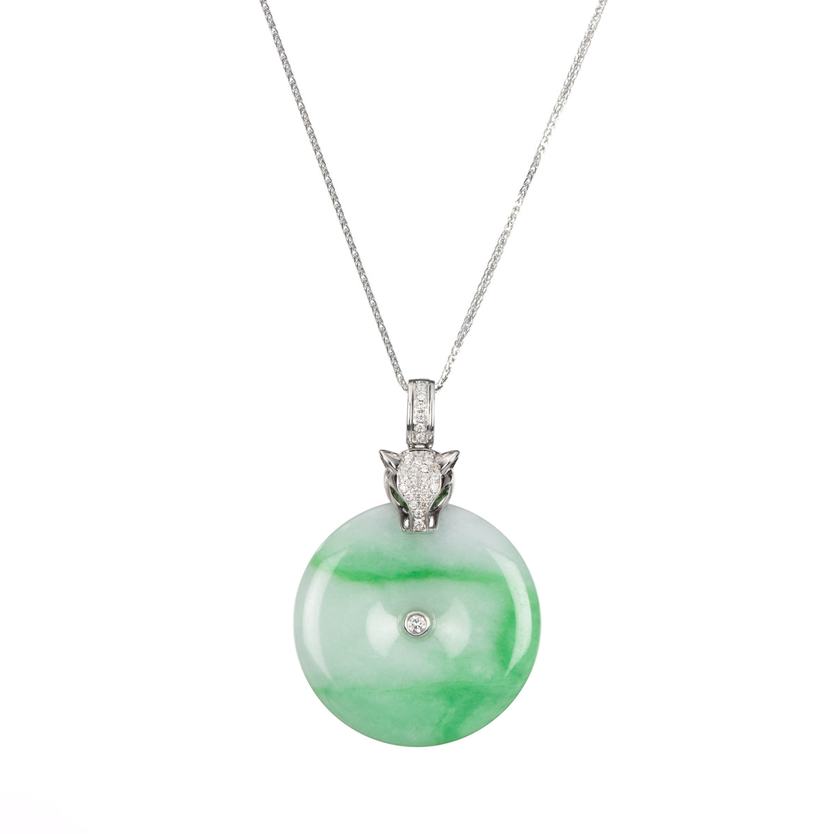 Panther Green Jade Disc Pendant with Diamonds