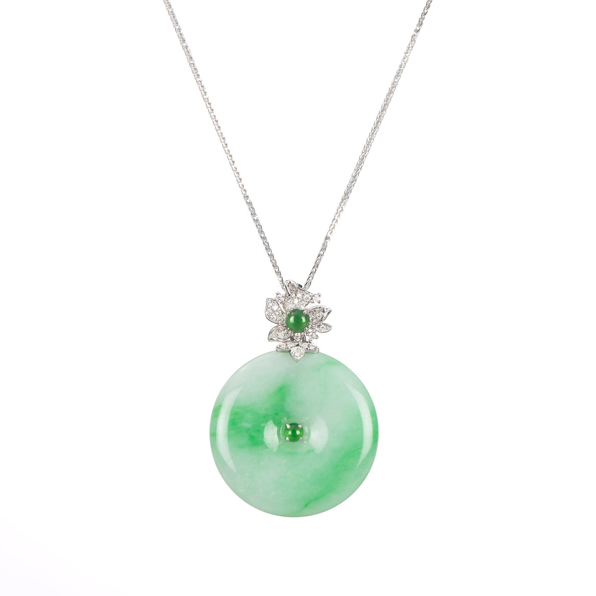 Jadeite Jade Disc Pendant with Diamond Flower