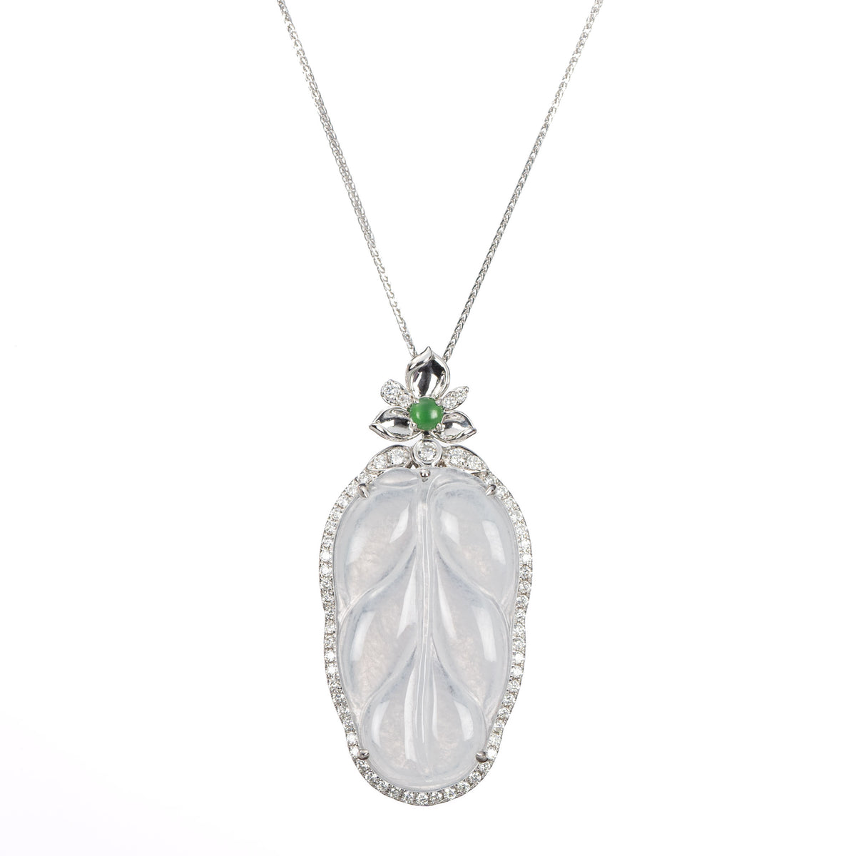 Ice Jade and Diamonds Leaf Pendant in 18K White Gold