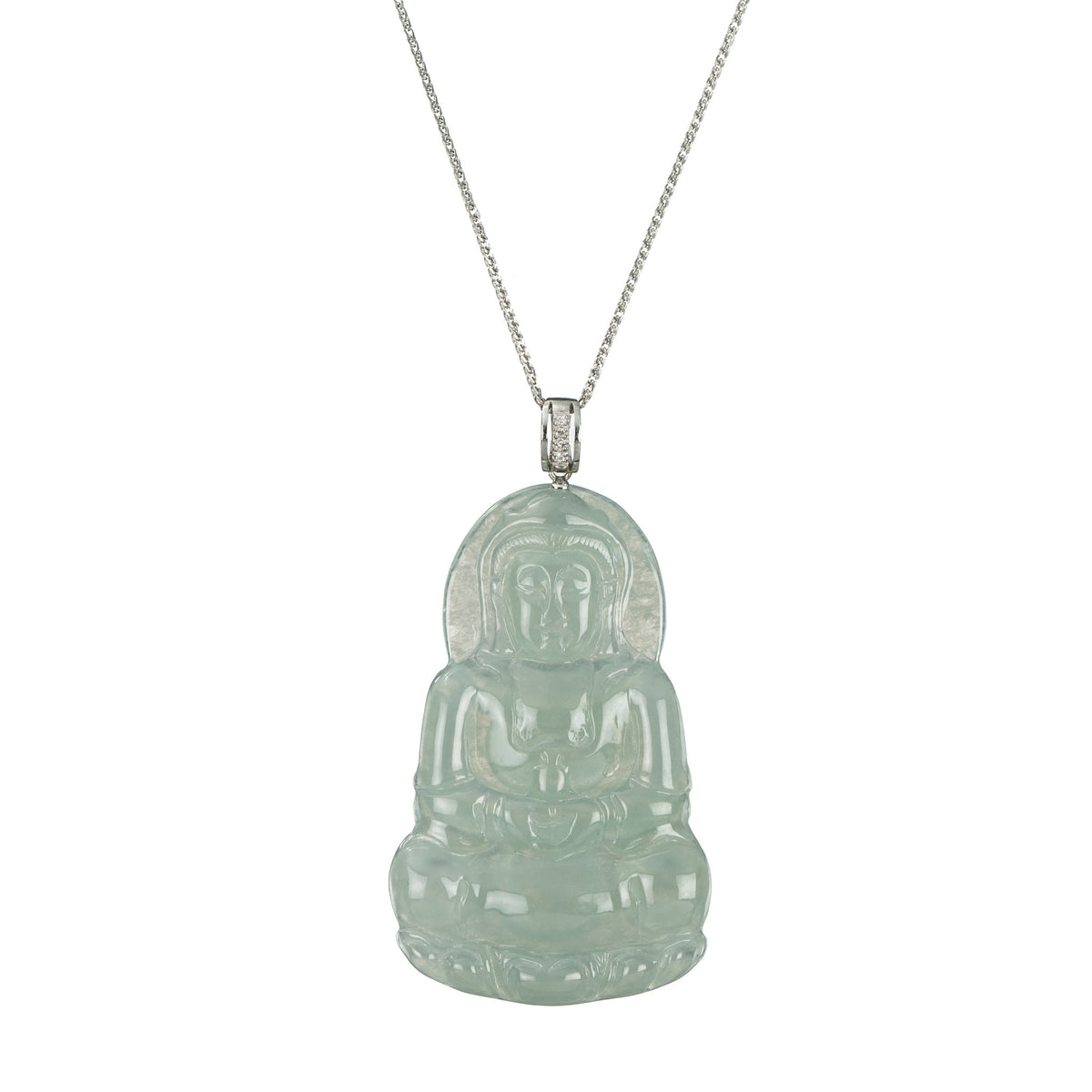 Icy Light Green GuanYin Jade Necklace with Diamond Bail