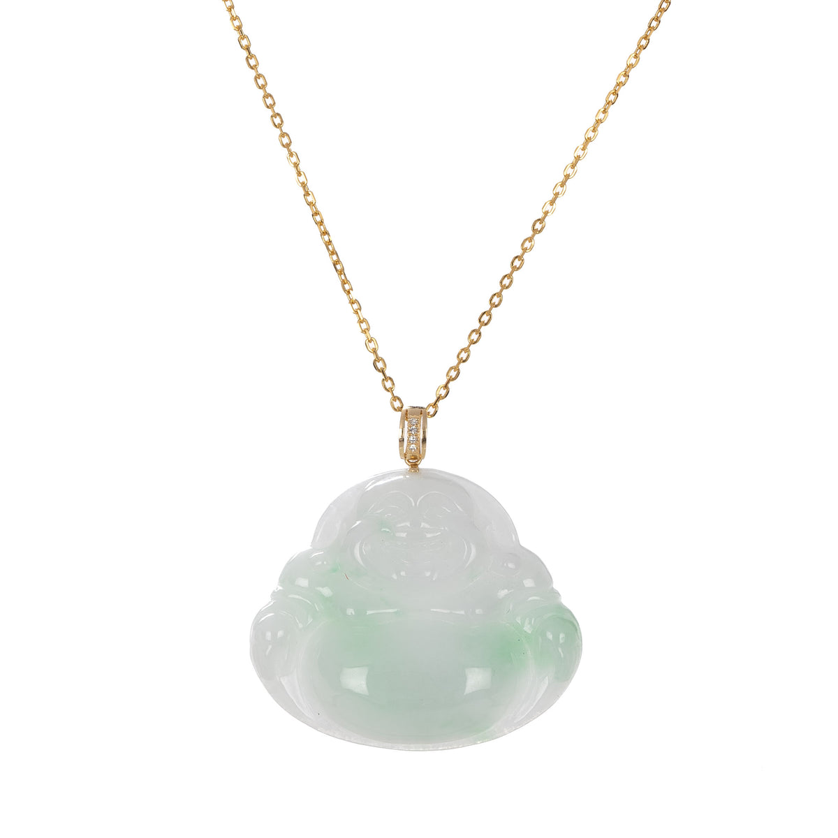 Real Laughing Buddha Jade Pendant - 18K Yellow Gold