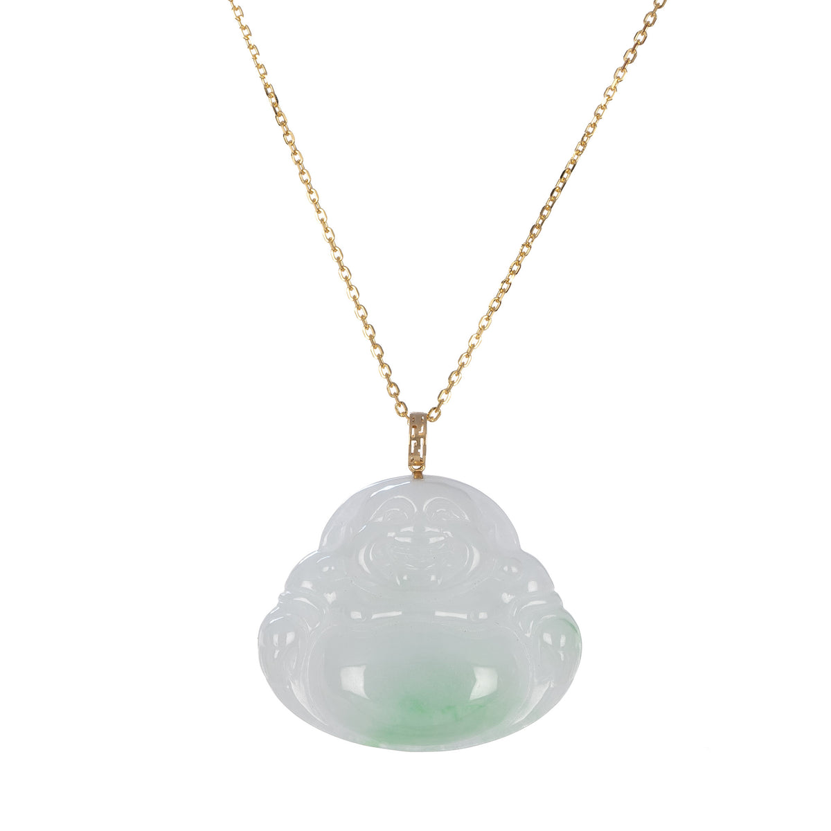 Untreated Laughing Buddha Jadeite Jade Necklace - 18K Yellow Gold