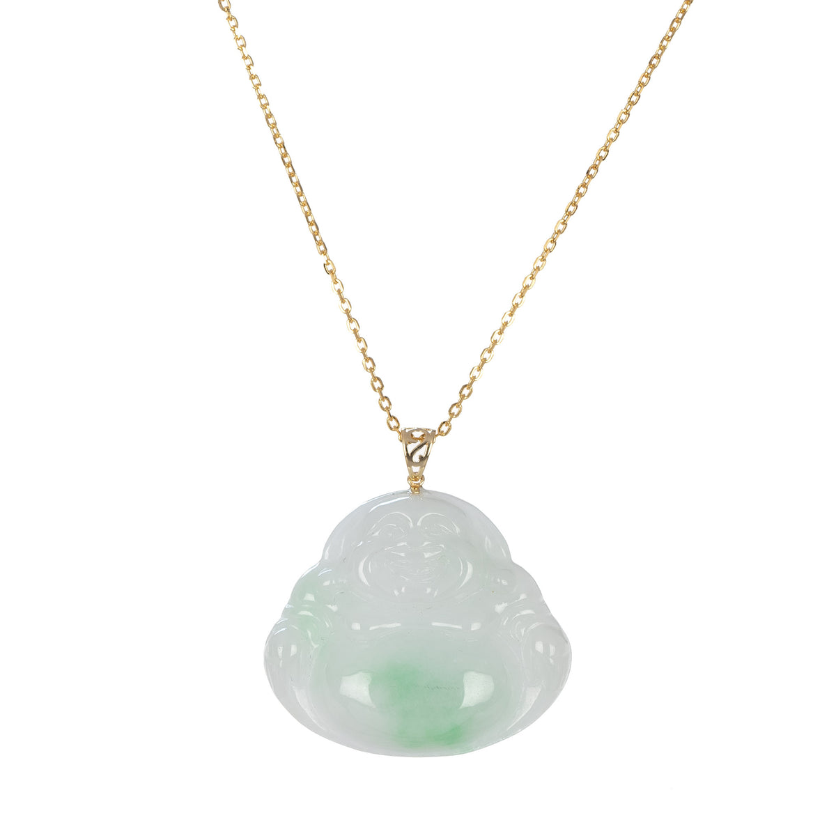 Natural Laughing Buddha Burmese Jade Necklace - 18K Yellow Gold