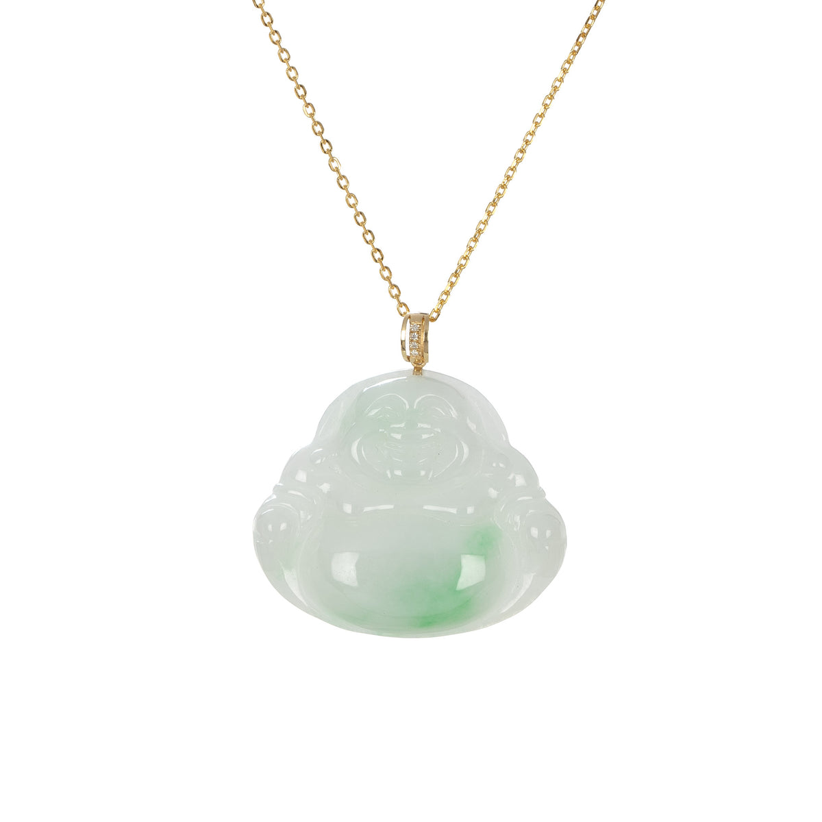 Untreated Laughing Buddha Jade Necklace - 18K Yellow Gold